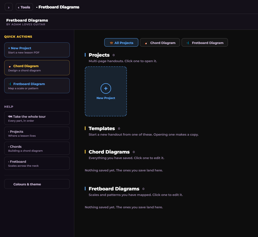 The home screen: projects, templates, and every chord and neck you have saved.